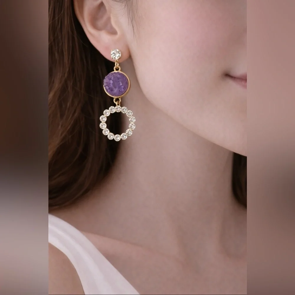 Pastel Faux Purple Stone Crystal Gold Rhinestone Earrings Dangle Drop Party NEW